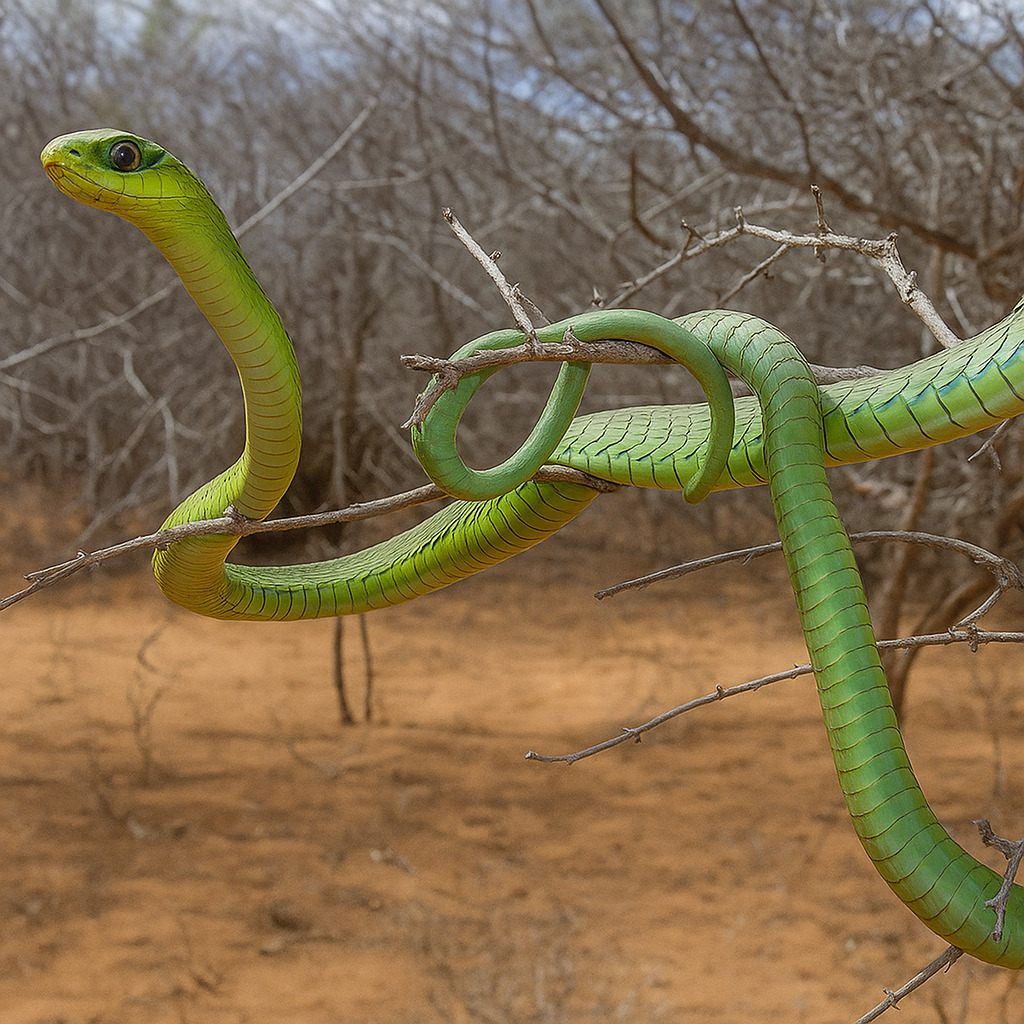 Boomslang hijau melilit dahan di semak Afrika