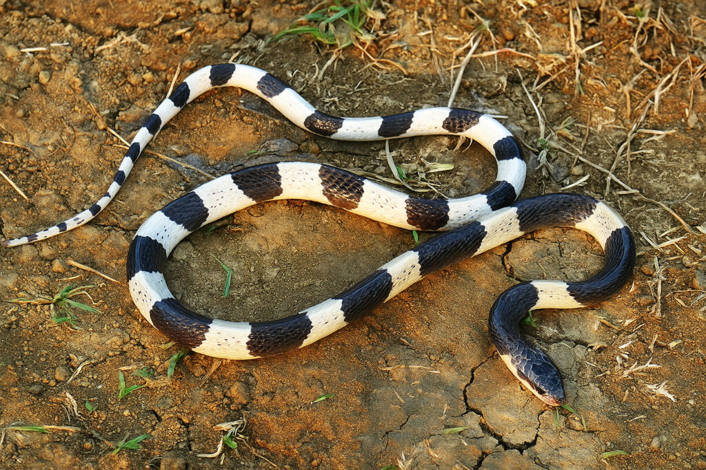 Ular Blue Krait belang hitam-putih di tanah kering.
