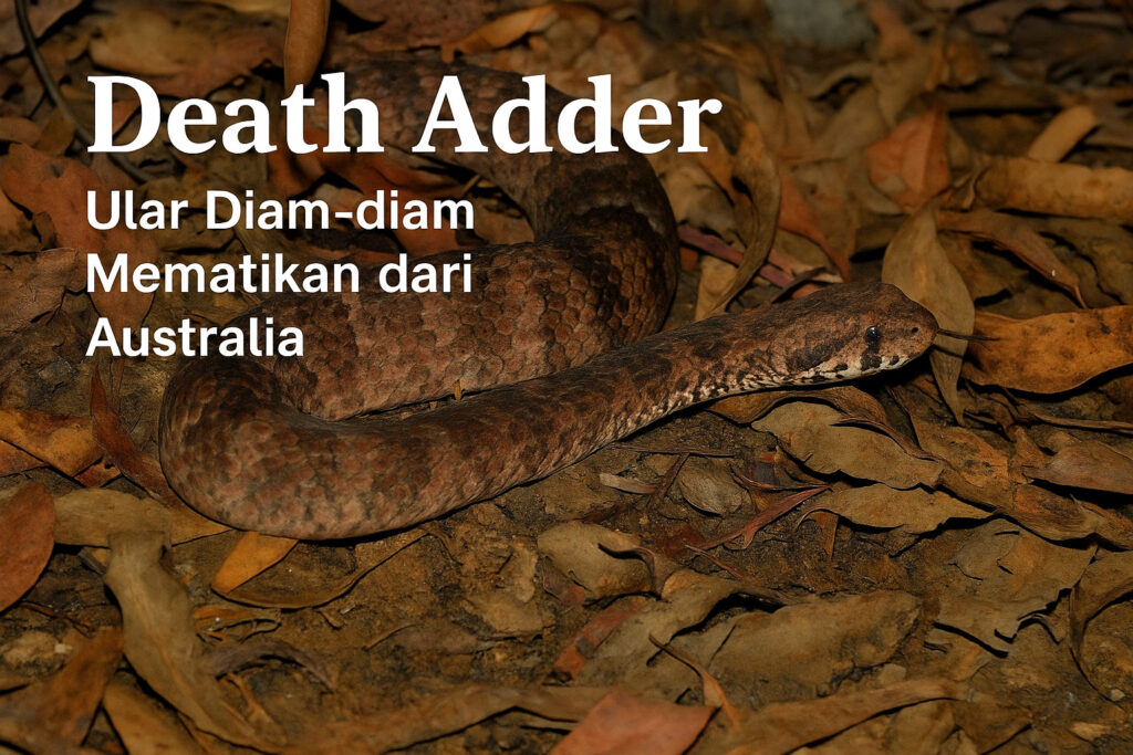 Ular Death Adder berkamuflase di antara daun kering.
