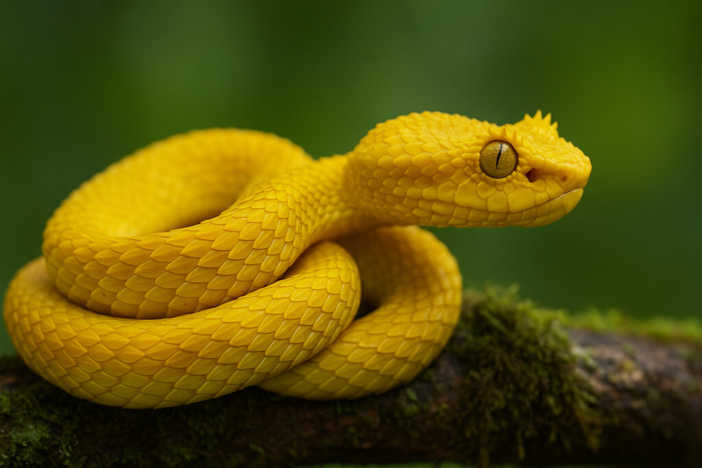 Ular Eyelash Viper kuning melingkar di atas ranting berlumut.