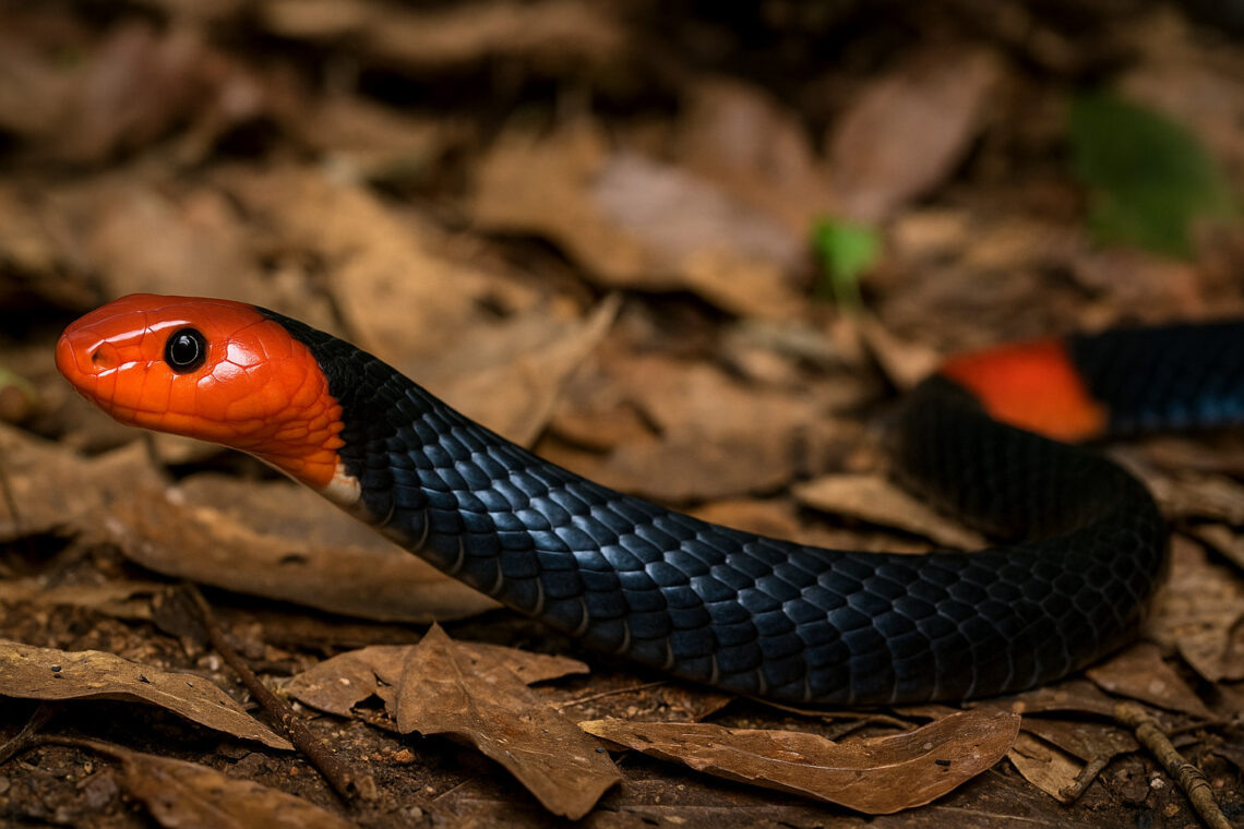 Red-headed Krait di lantai hutan.