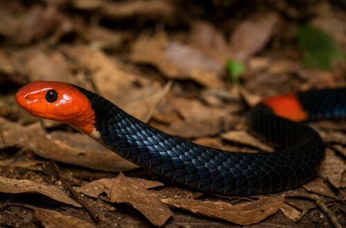 Red-headed Krait di lantai hutan.