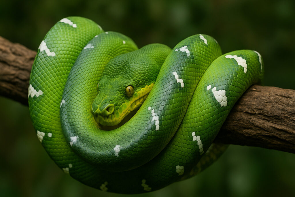 Emerald Tree Boa melingkar di dahan pohon dengan sisik hijau terang dan corak putih.