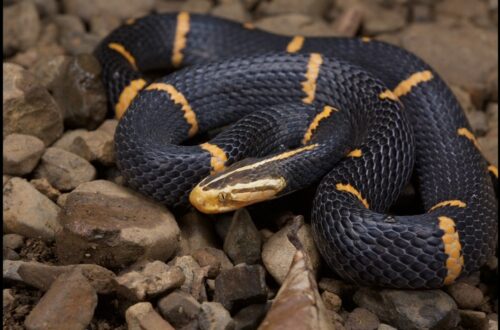 Fea’s Viper melingkar di atas batuan hutan.